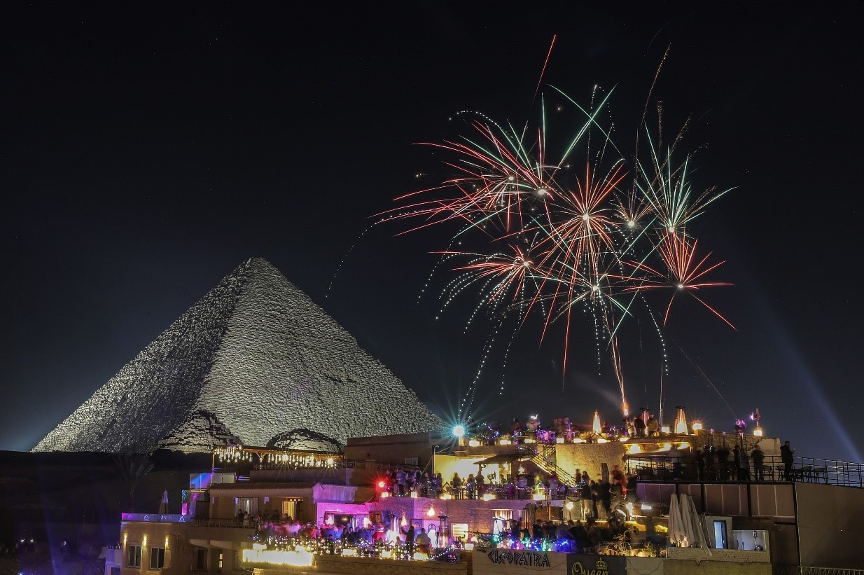 Fireworks light up the night sky at the pyramids in Giza. Mohamed Elshahed/Anadolu/Getty Images