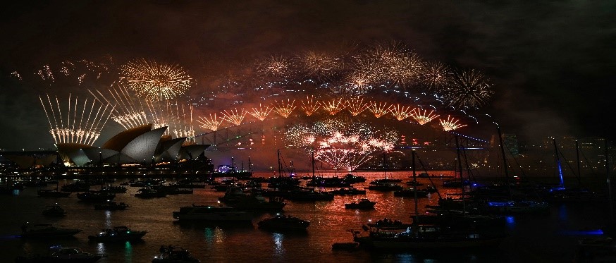 Fireworks light up the midnight sky over Sydney Harbour Bridge and Sydney Opera House / AFP / Getty Images