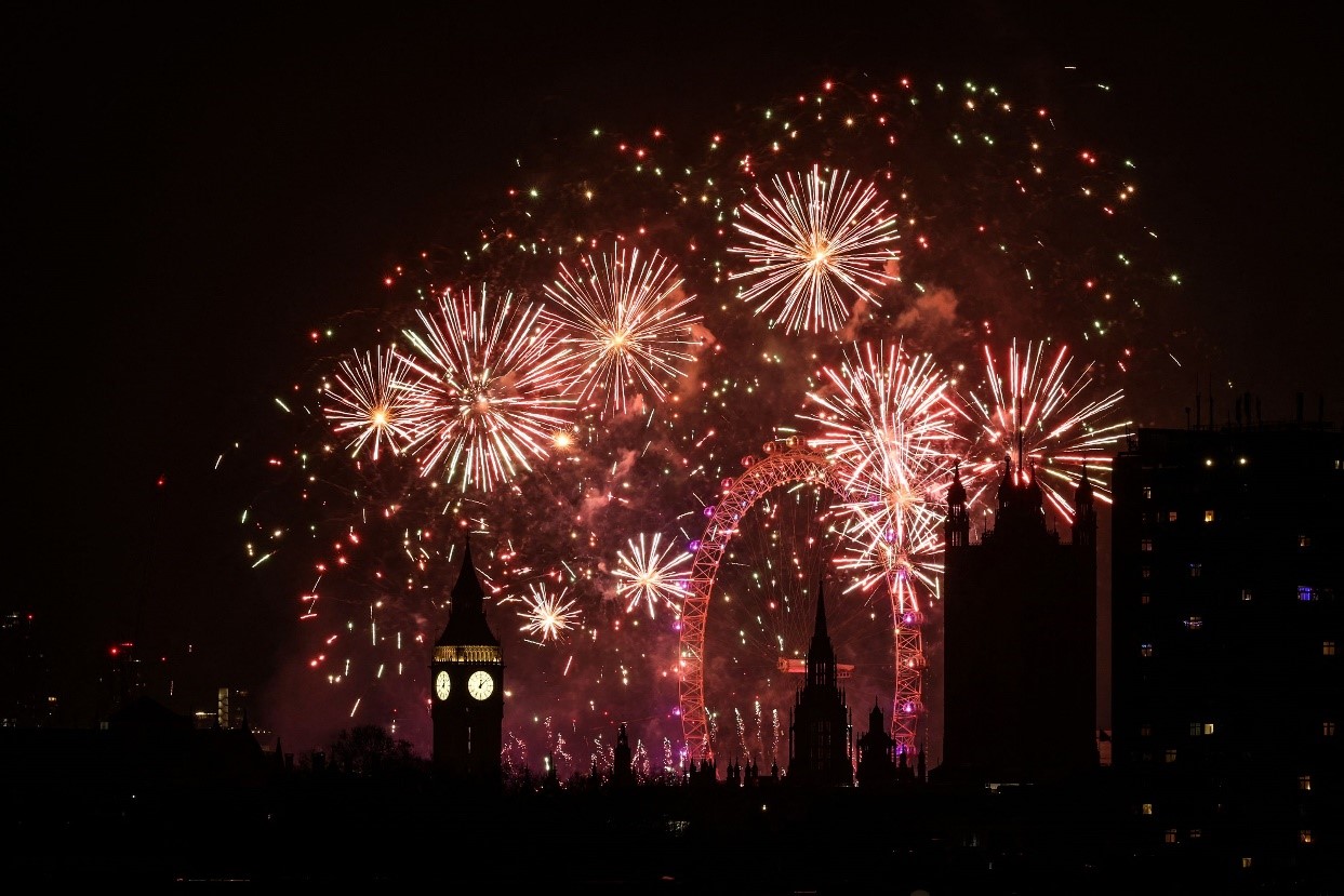 Fireworks explode in the sky in central London. Adrian Dennis/AFP/Getty Images