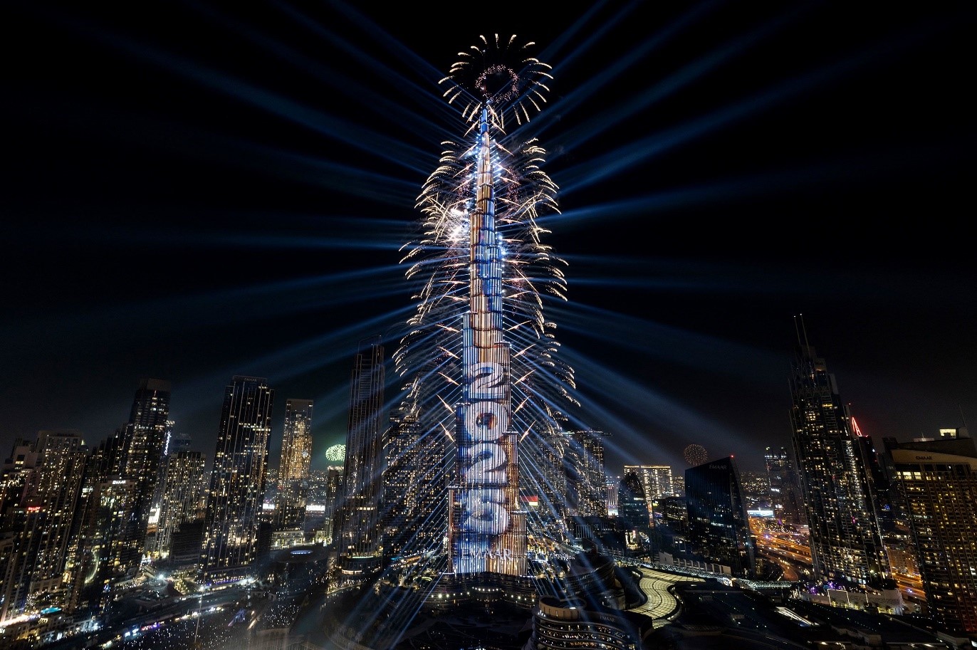 A light show and fireworks illuminate the Burj Khalifa, the world's tallest building, during New Year's celebrations in Dubai, United Arab Emirates. Fadel Senna/AFP/Getty Images